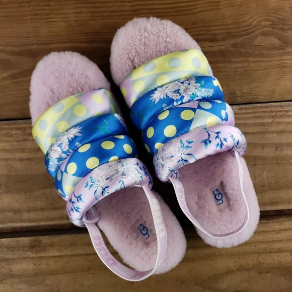 UGG Puff Yeah Floral Polka Dot Slide Sling Back Womens Size 8 Lamb Fur Silk Pink - Picture 3 of 10